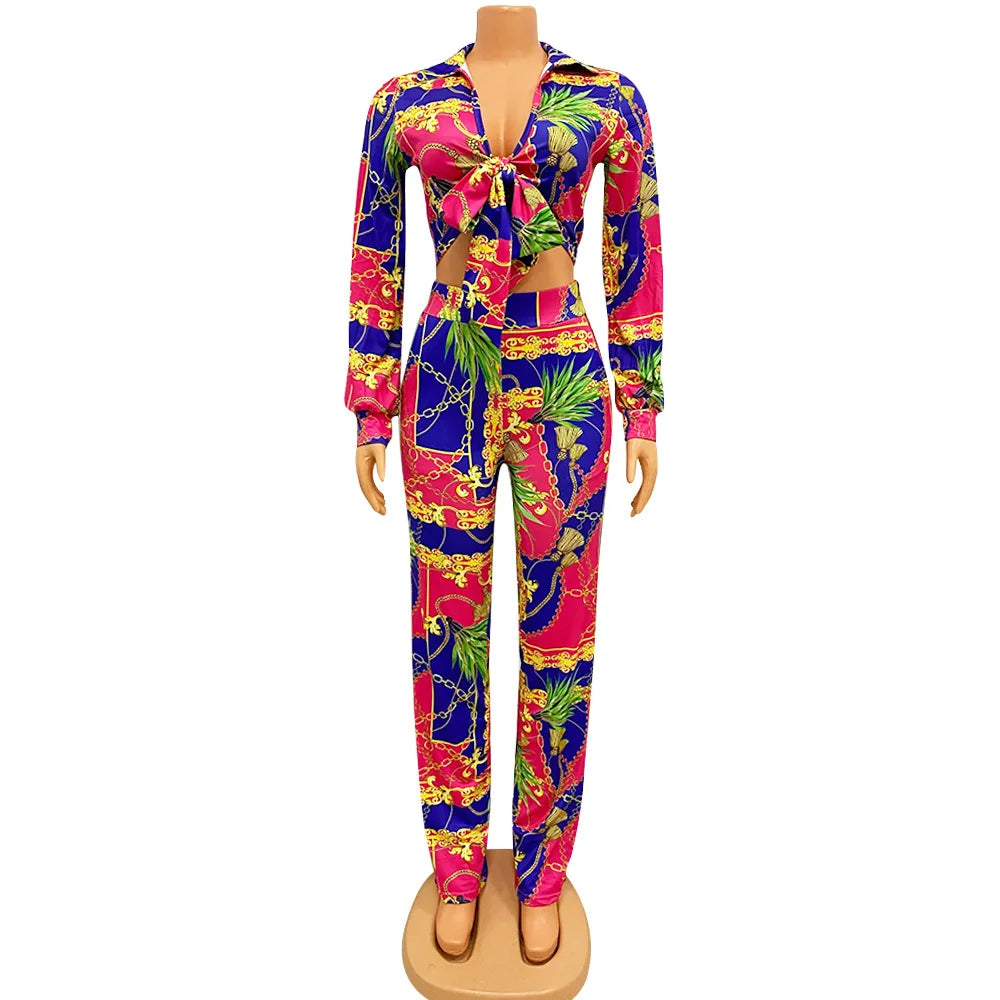CM.YAYA Women's Paisley Chain 2 Piece Set Streetwear Outfits Tie up Shirt & Wide Leg Pants Luxury Junior Fit Autumn/Winter