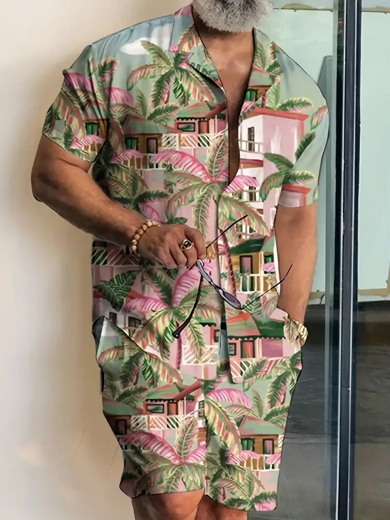 Man wearing short-sleeve tropical print shirt and shorts set, palm leaves and buildings pattern