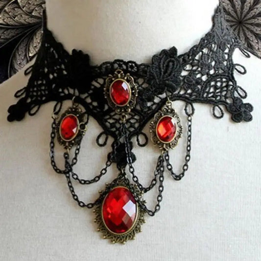 Fashion Cocktail Evening Party Dress Jewelry Victorian Gothic Halloween Red Rhinestone Charms Vampire Maxi Necklace Choker