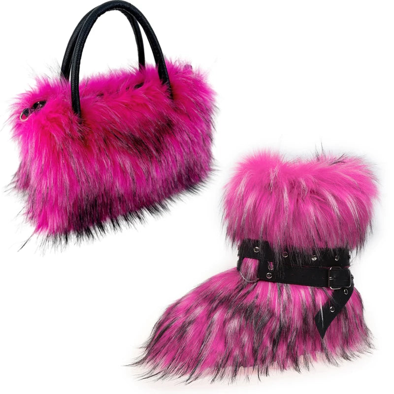 Women's Luxury Velvet Warm Fur Snow Boots Mid-Calf Imitation Raccoon Hair Handbag Two-Piece Set Fashionable Faux Fur Booties