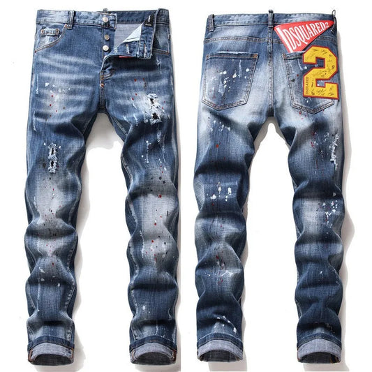 Men's Slim Fit Tattered Paint Jeans Retro Style Stretch Denim Pants with Hole Badge for High Street Fashion