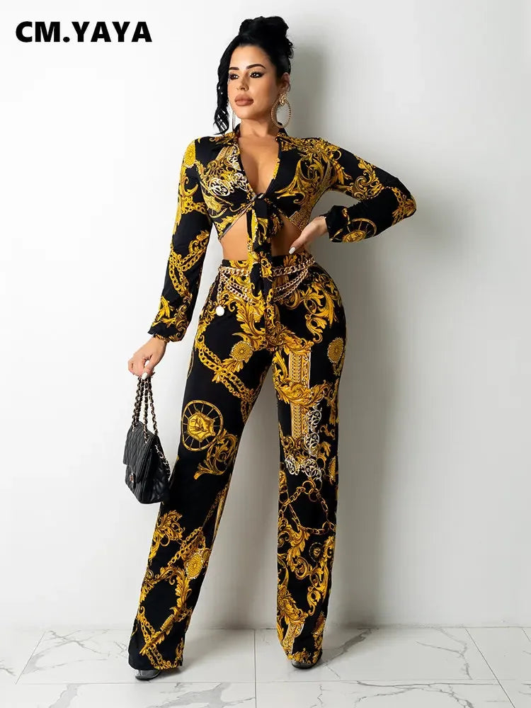 CM.YAYA Women's Paisley Chain 2 Piece Set Streetwear Outfits Tie up Shirt & Wide Leg Pants Luxury Junior Fit Autumn/Winter