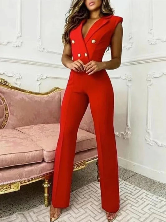 New Elegant Women's Plaid Jumpsuit Chic Office Ladies 2024 Summer Sleeveless V Neck High Waist Button Work Jumpsuit
