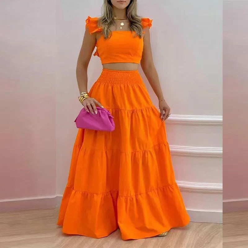 New Sexy Solid Two Suit Dress Women's Fashion Casual Loose Top Maxi Dress 2 Piece Set Female Elegant Holiday Sets 2024 Summer