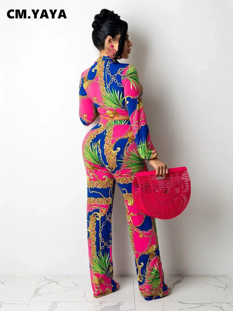 CM.YAYA Women's Paisley Chain 2 Piece Set Streetwear Outfits Tie up Shirt & Wide Leg Pants Luxury Junior Fit Autumn/Winter