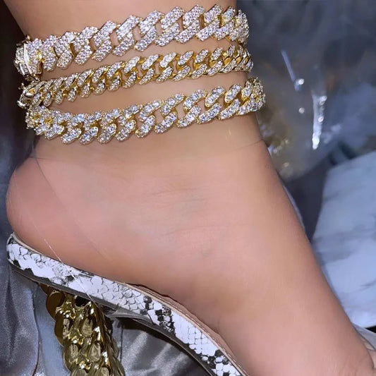Flatfoosie Iced Out Chunky Cuban Chain Anklets For Women Luxury Rhinestone Link Ankle Bracelet Beach Barefoot Jewelry