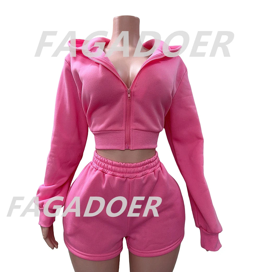 FAGADOER Autumn New Pink Two Piece Set Women Casual Outfits Long Sleeve Zip Hoodies Top and Shorts Suits Girls Sports Streetwear