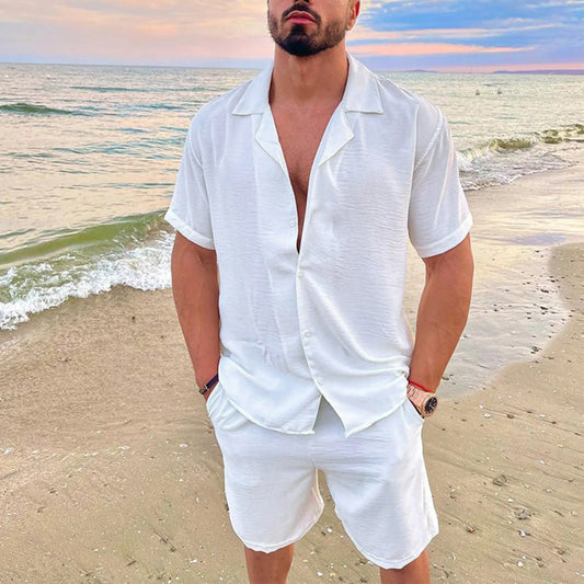 Summer Men Beach Shirt Board Shorts Set Solid White Linen Shirt Button-up Tops Bottom Tracksuit Clothing