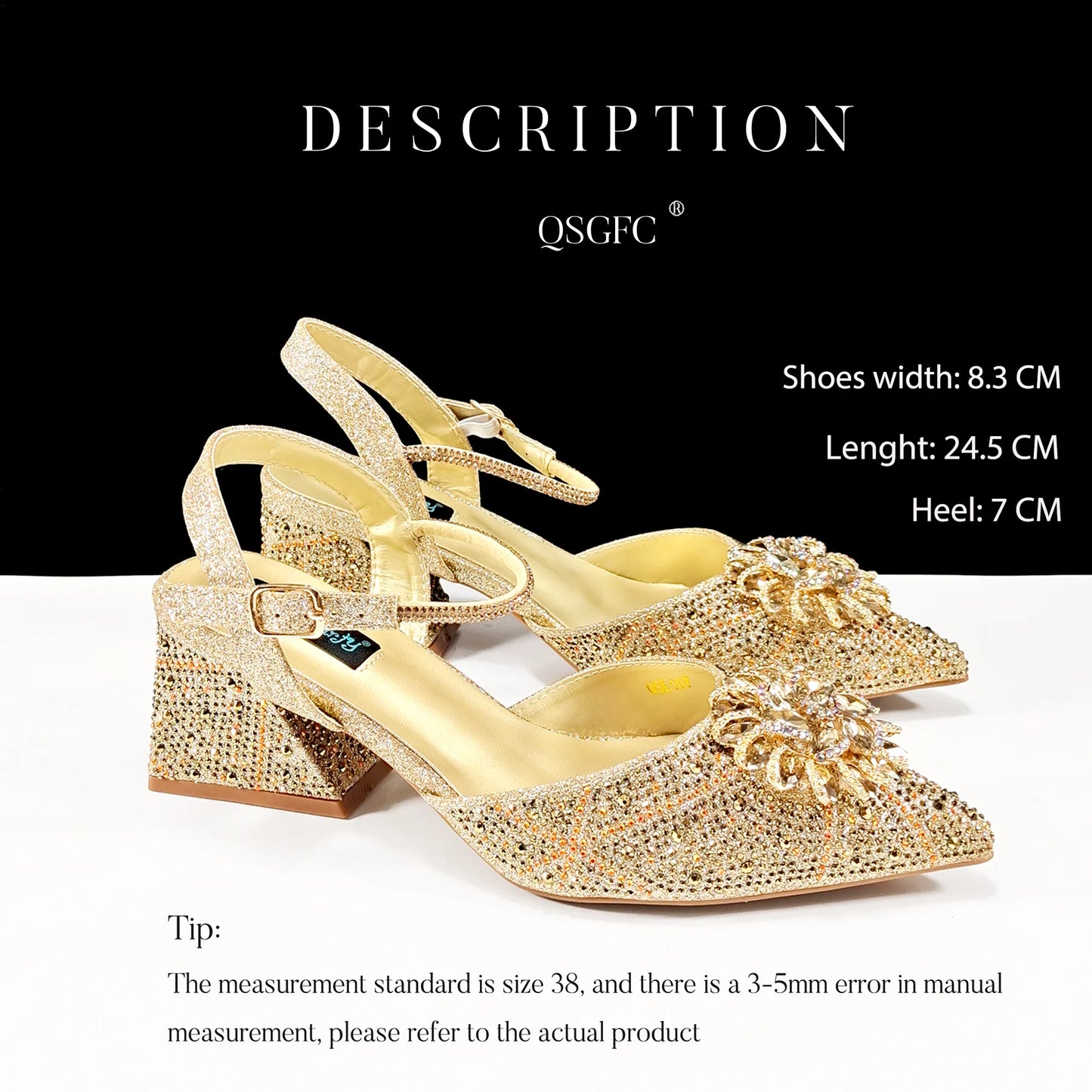 QueenaYan African Ladies Elegant Pointed Toe Shoes with shiny Metal Stand Bag Women Party Shoes or Commuting Shoes and Bag Set