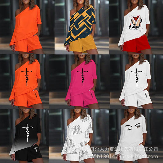 Y2K Summer Outfits Casual Shorts Sets for Women  New Fashion Diagonal Pullover Top T-shirt and Shorts Suit Daily Commuting
