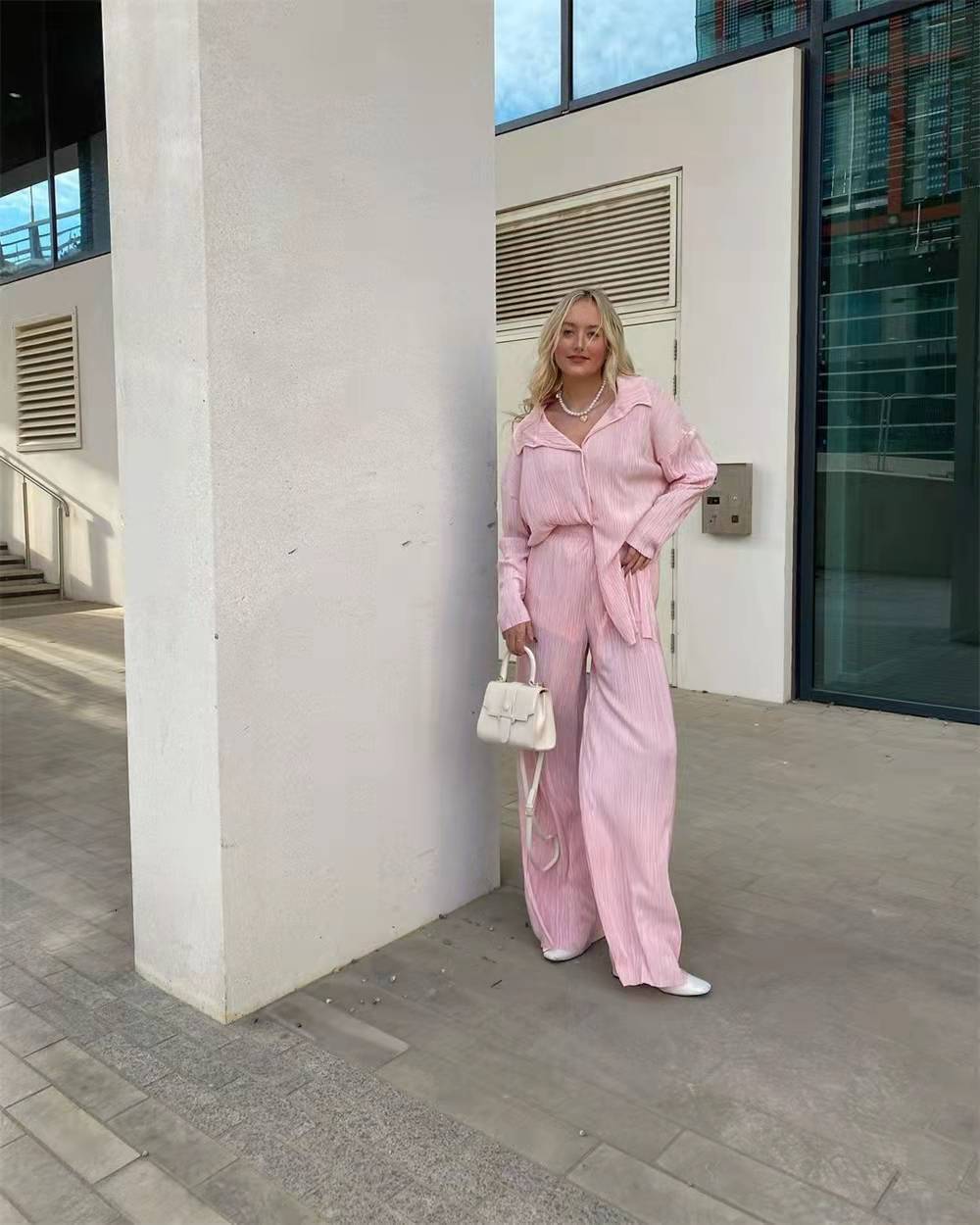 Women Pleated 2 Piece Pants Sets Spring Summer Streetwear Long Sleeve Button Down Shirt+Straight-Leg Pants Loose Outfits