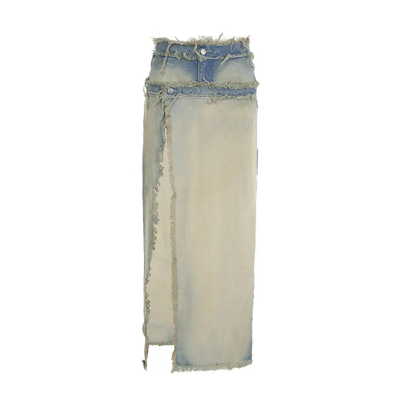 New Irregular Design Spicy Girl Denim Skirt for Women Washed and Distressed Light Blue Fake Two Piece Patchwork Fur Button Skirt