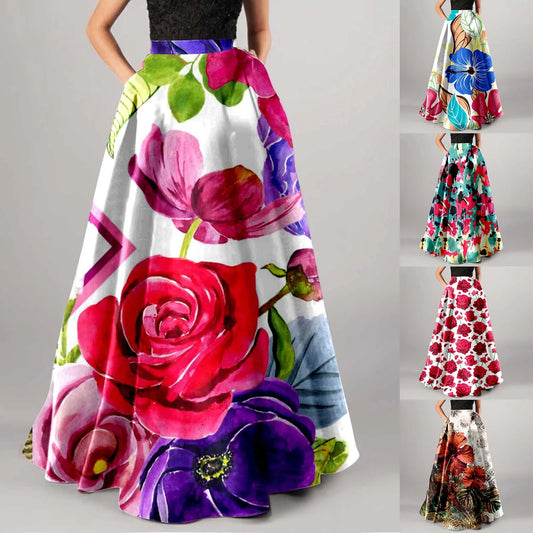 Bohemian Long Skirts For Women Swing Beach Maxi Skirt Boho Floral Print Skirts With Pockets High Waisted A Line Flowy Skirt 롱스커트