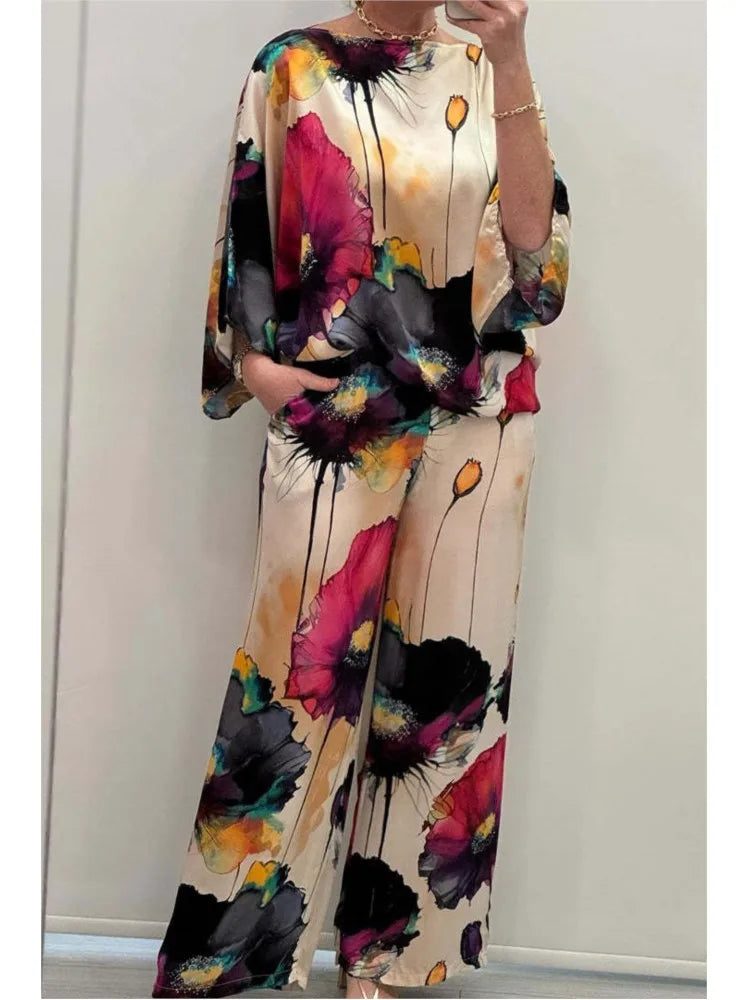 Sexy Summer Fashion Printed Satin Two Piece Set for Women with 3/4 Sleeved Top and Wide Leg Long Pants Casual Style