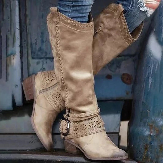 New Western Cowboy Boots Buckle Ladies Low Heel Knee High Boots Retro Hollow Out Shoes Winter Female Shoes