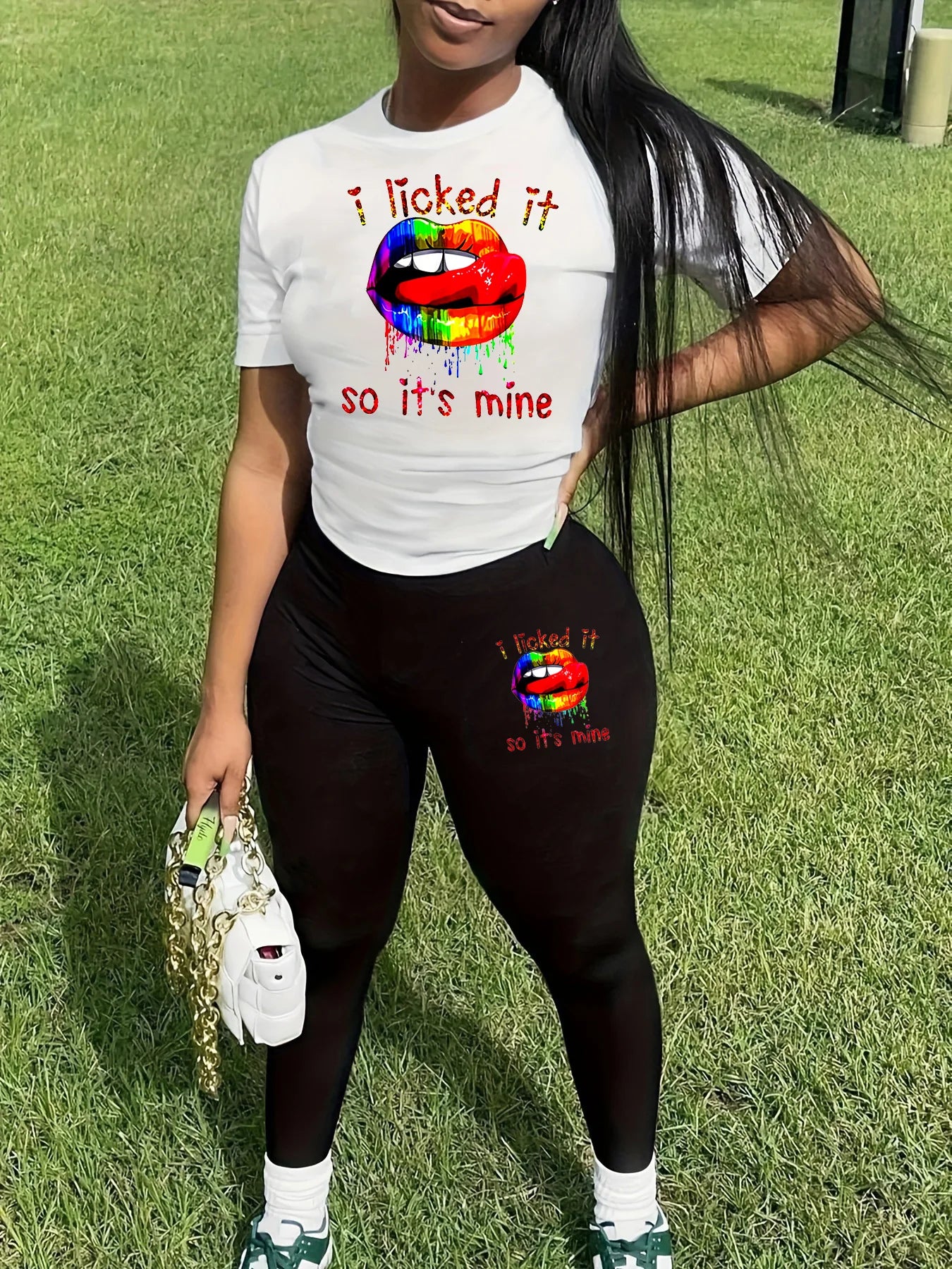 Women's spring and summer loose casual lip print letter print round neck short sleeved T-shirt+tight pants two-piece set