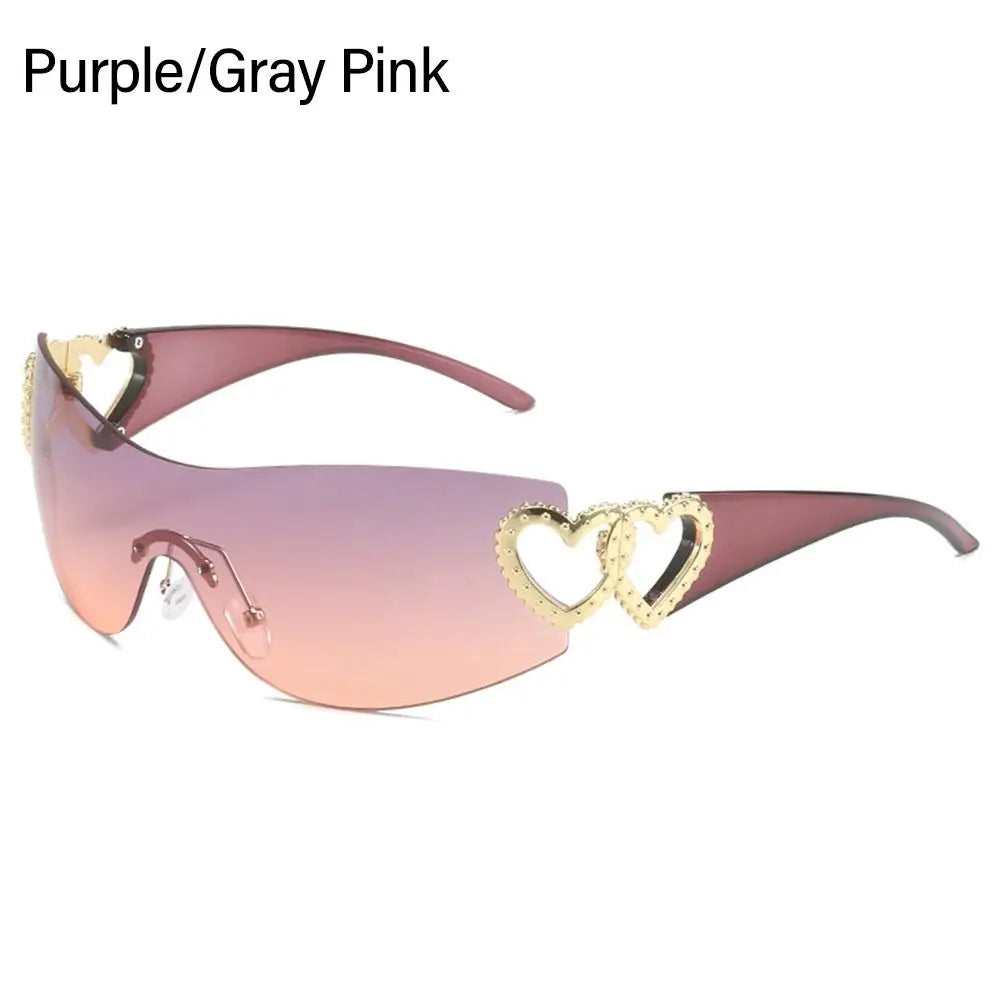Purple gray pink gradient sunglasses with gold heart accents, stylish women's fashion shades