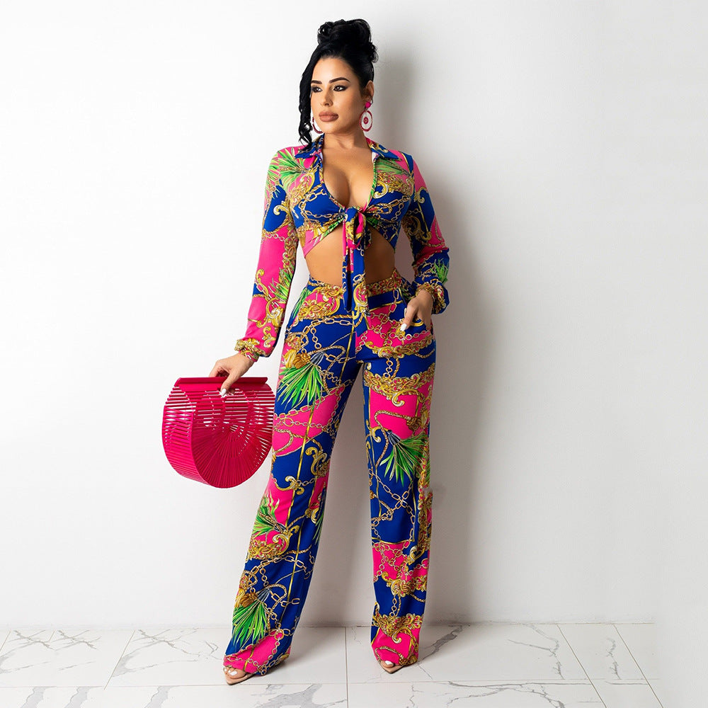 CM.YAYA Women's Paisley Chain 2 Piece Set Streetwear Outfits Tie up Shirt & Wide Leg Pants Luxury Junior Fit Autumn/Winter