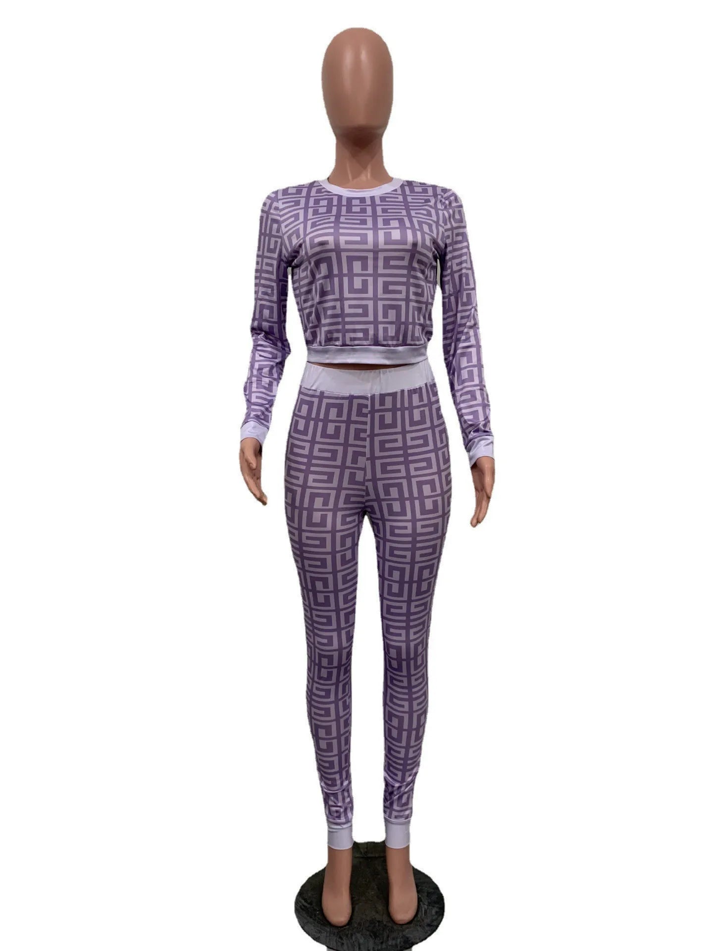 2 Pieces Women Two Piece Outfits 2024 Geometric Printed Crop Top Long Pants Sets Womans Tracksuits Suits Set