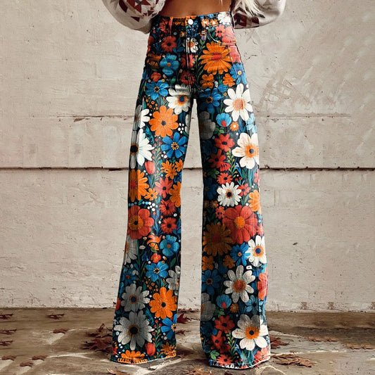Casual Vintage Wide Leg Imitation Jeans High Waisted Women's Fashion Loose Fit Denim Pants with 90s Floral Print and Pocket Button