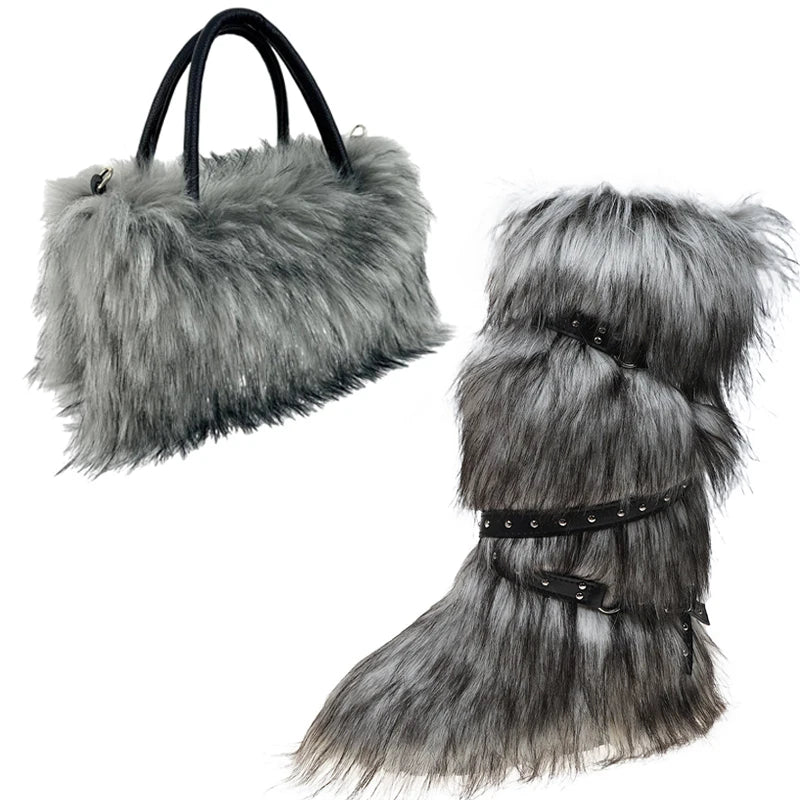Women's Luxury Velvet Warm Fur Snow Boots Mid-Calf Imitation Raccoon Hair Handbag Two-Piece Set Fashionable Faux Fur Booties