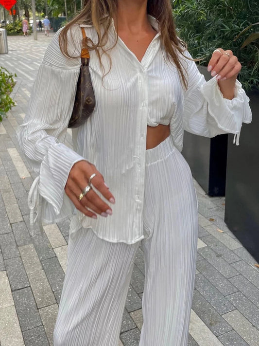 Women's Two-piece Pleated Pants Sets Chic Solid Color Long Sleeve Button Down Shirts with Straight Leg Trousers Casual Style