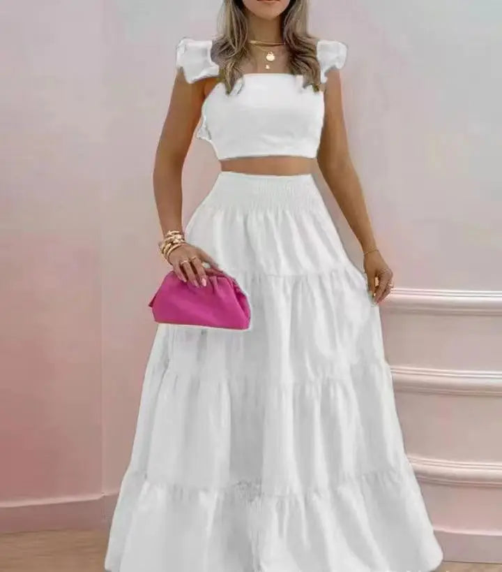 New Sexy Solid Two Suit Dress Women's Fashion Casual Loose Top Maxi Dress 2 Piece Set Female Elegant Holiday Sets 2024 Summer
