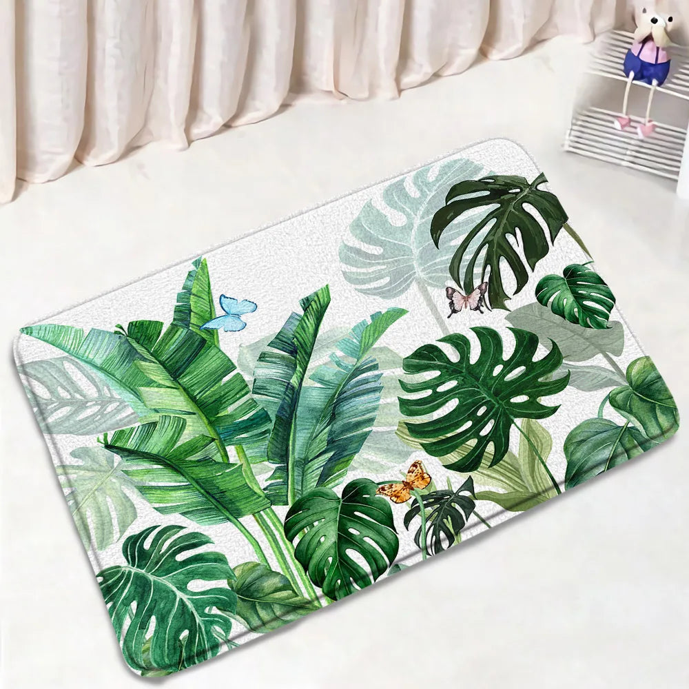 Tropical leaf & butterfly bath mat for cozy bathroom decor, soft absorbent design