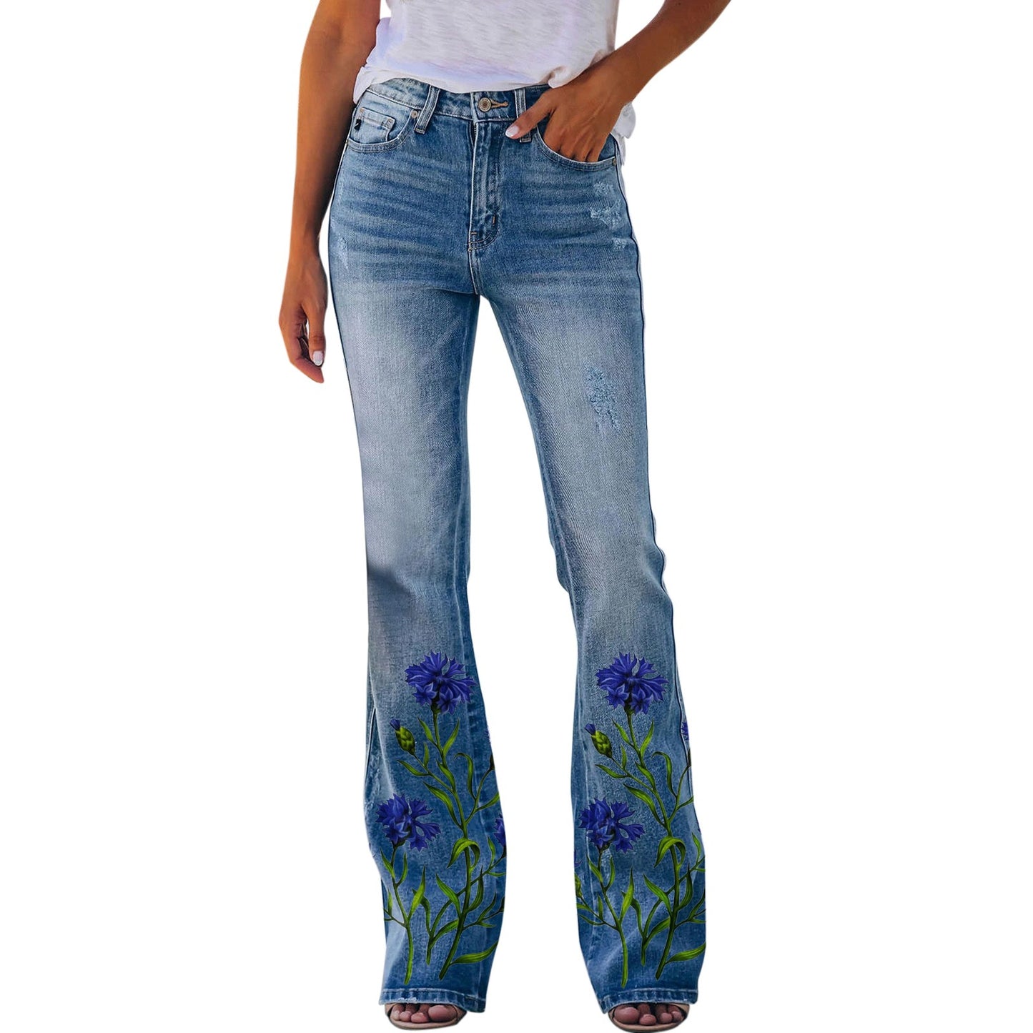 Womens Pants  Streetwear Retro Trousers Printed Pattern Loose Flared Hem Jeans Stretch Flared Bottoms