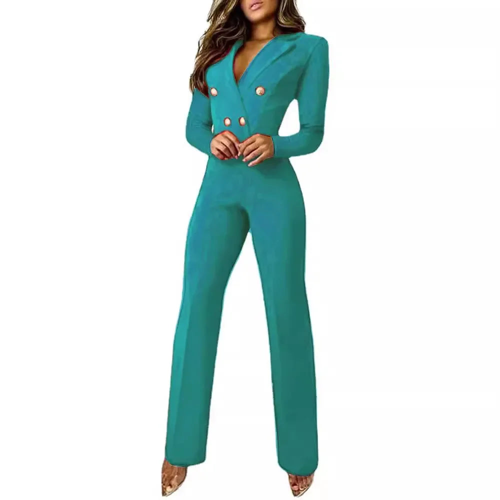 Women's Clothing New Long Sleeve Slim Fit Business Jumpsuit V Neck High Waist Full Length Jumpsuits Pants Overall