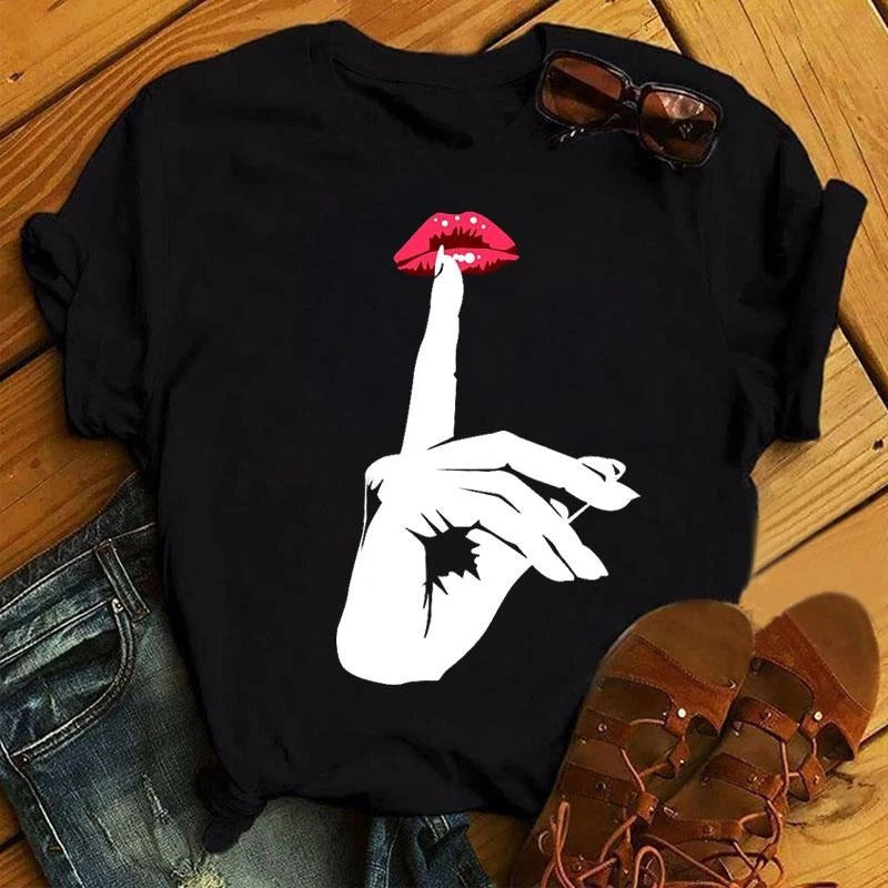 Sexy And Hot Red Lips Graphic T-shirt Women Clothing 3D Print Fashion Leopard Lover Gesture Tee Shirts Summer Harajuku Leisure