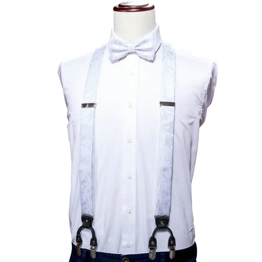 Barry.Wang Jacquard Silk Mens Suspender 6 Clip On Y Back Braces Bow Tie Pocket Square Cufflinks Set Male Wedding Business Gift
