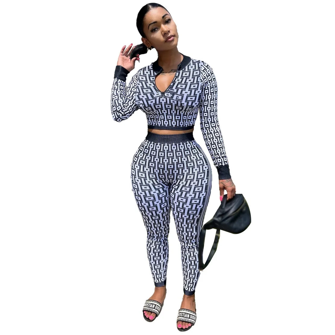 2 Pieces Women Two Piece Outfits 2024 Geometric Printed Crop Top Long Pants Sets Womans Tracksuits Suits Set
