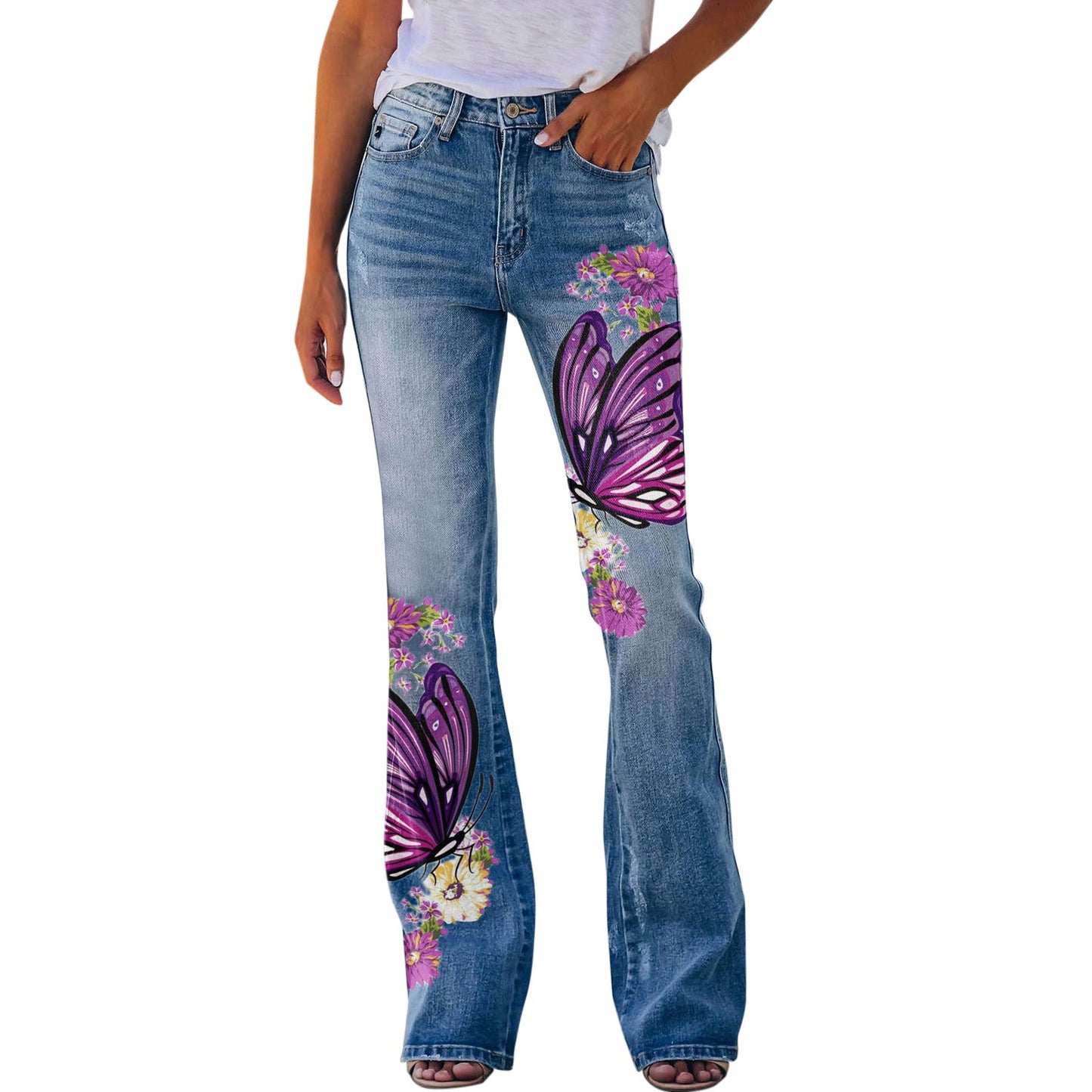 Womens Pants  Streetwear Retro Trousers Printed Pattern Loose Flared Hem Jeans Stretch Flared Bottoms