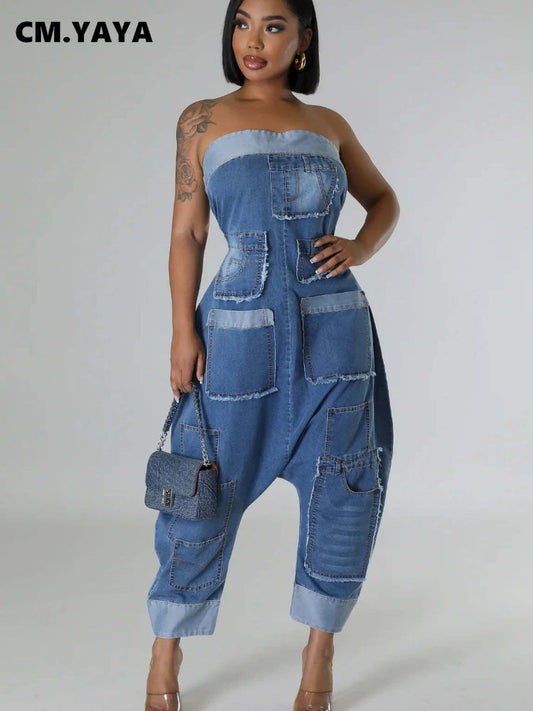 CM.YAYA Women Strapless Sleeveless Pockets Cargo Wide Leg Denim Jumpsuits 2024 Washed Oufits Street One Piece Loose Rompers