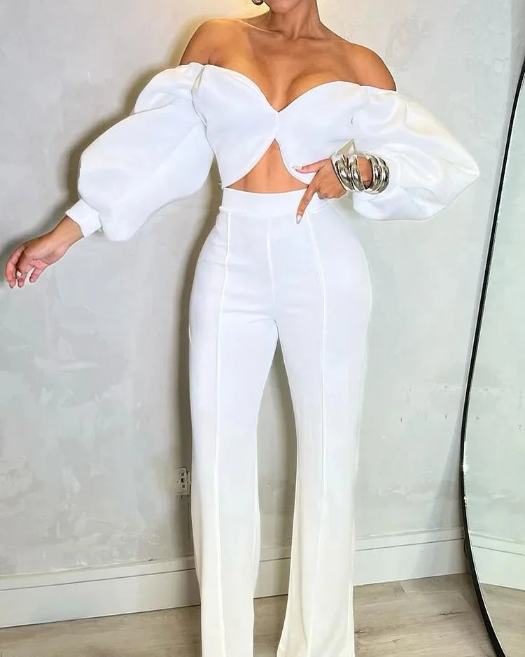 Pant Set Women Two Piece Sets Slim Fit Off Shoulder Sexy Puff Sleeve V Neck Tops High Waist Elegant Splice Straight Long Pants