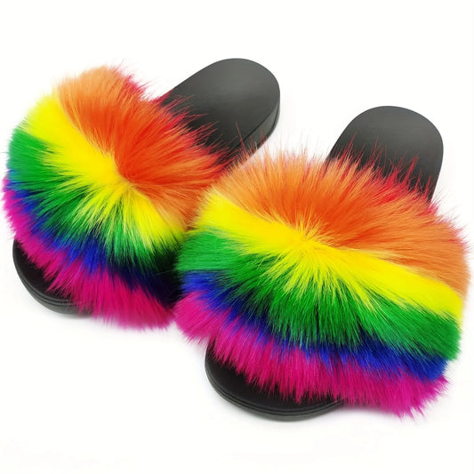 Women's Summer Rainbow Faux Fur Slippers Thick Non-slip Soles Breathable Home Fur Slides Outdoor Flip Flops Fuzzy Sandals