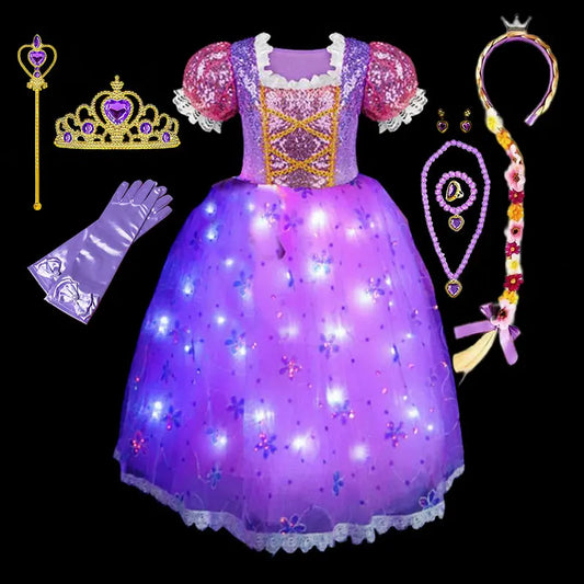 Fancy Girls Rapunzel Light up Costume Toddler Cosplay Film Tangled Fairy Tale Princess Glowing LED Dress Kids Birthday Gown