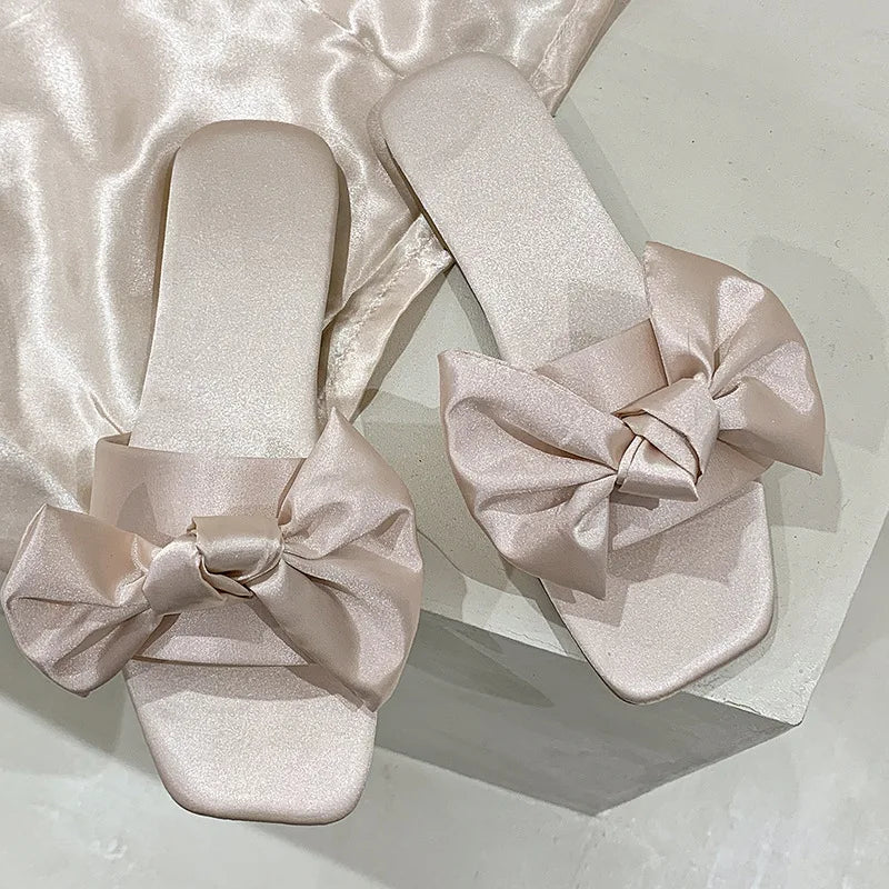 Kimono Wedding Slippers With Butterfly-knot Fashion Bride Bridesmaid Party Gift Indoor Shoes Satin Low-heeled Slides