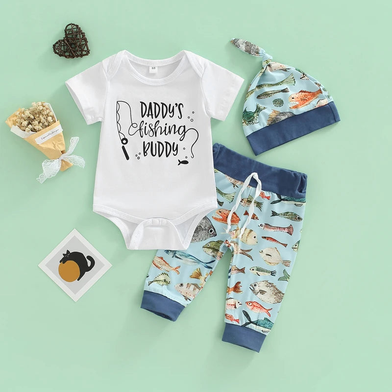 Newborn Three-Piece Outfits, Letter Print Short Sleeve Romper + Colorful Fishes Patchwork Drawstring Trousers + Knotted Hat