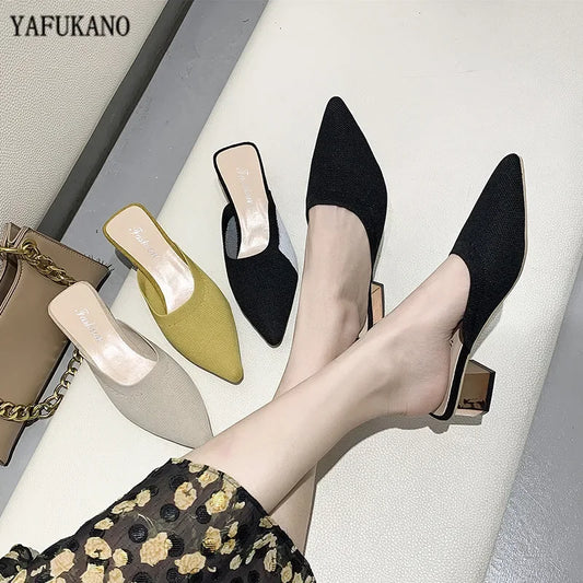 Summer 2024 New Elegant Women Yellow Black Knitted Slides Mules Mesh Breathable Flat Slippers Closed Toe Slides Party Shoes