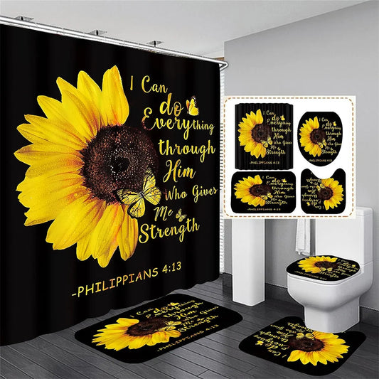4PCS Flower Shower Curtain Set with Non-Slip Rugs Toilet Lid Cover and Bath Mat Black Shower Curtain Waterproof Bathroom Decor