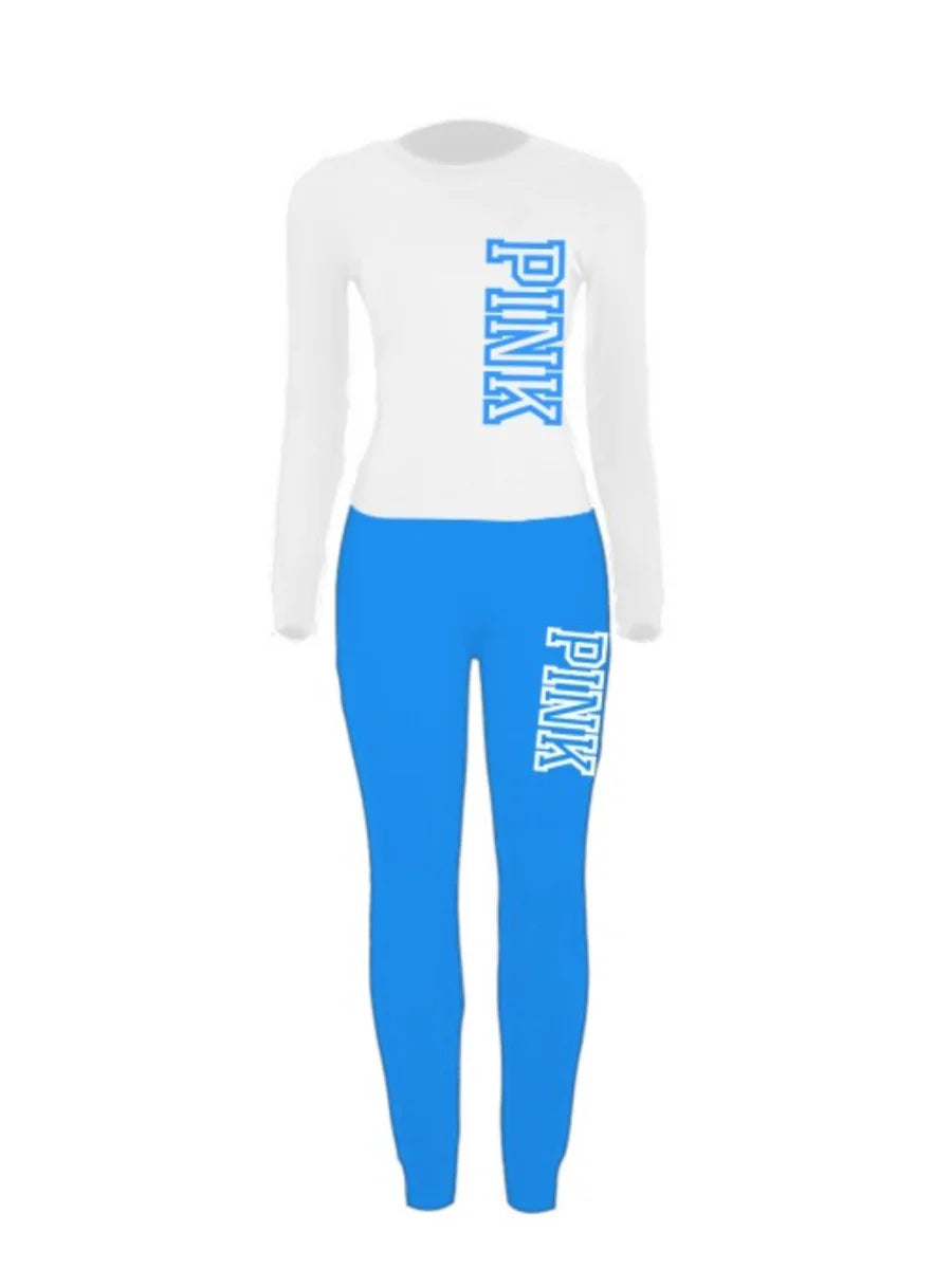 LW Fashion Women Autumn&Winter Pink Letter Print Long Sleeve Hoodies 2 Pieces Casual Track Suits Pants Set