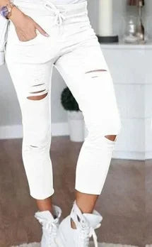 Women's plus Size Ripped Stretch Jeans Pencil Pants Casual Mid-Waist Ankle-Length Trousers