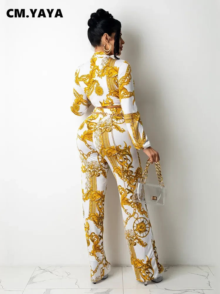 CM.YAYA Women's Paisley Chain 2 Piece Set Streetwear Outfits Tie up Shirt & Wide Leg Pants Luxury Junior Fit Autumn/Winter