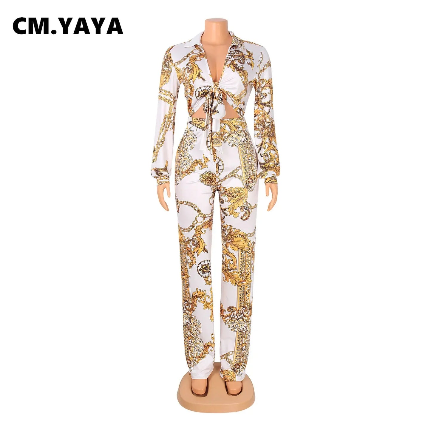 CM.YAYA Women's Paisley Chain 2 Piece Set Streetwear Outfits Tie up Shirt & Wide Leg Pants Luxury Junior Fit Autumn/Winter