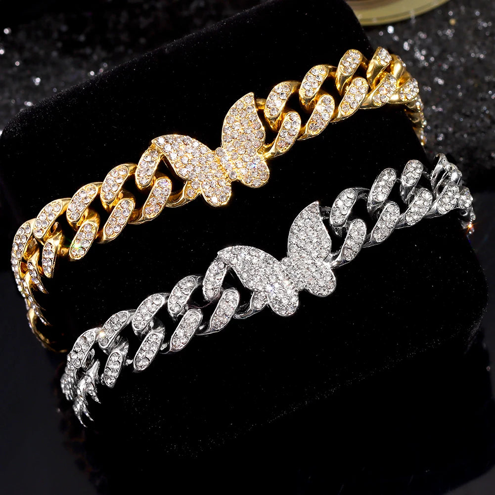 Fashion Shine Crystal Butterfly Miami Anklets for Women Iced Out Bling Link Chain Ankle Bracelet Beach Jewelry