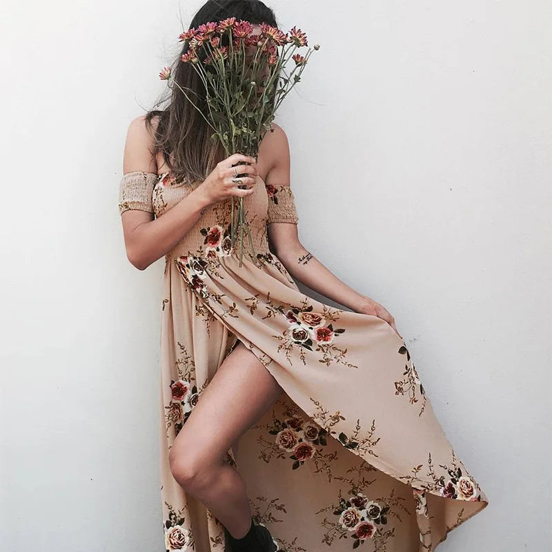 Boho style long dress women Off shoulder beach summer dresses Floral print Vintage chiffon white maxi dress vestidos de festa
