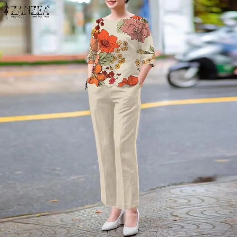 ZANZEA 2PCS Fashion Short Sleeve Floral Blouse Pant Sets Women Office Work Suit Summer Tracksuits Elegant Matching Sets Oversize