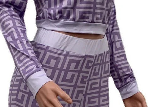 2 Pieces Women Two Piece Outfits 2024 Geometric Printed Crop Top Long Pants Sets Womans Tracksuits Suits Set